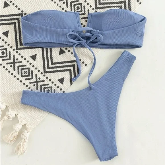 🎉🦋Skylar PERIWINKLE Ruffle Ribbed Bandeau Bikini Set 🦋 - Picture 4 of 4